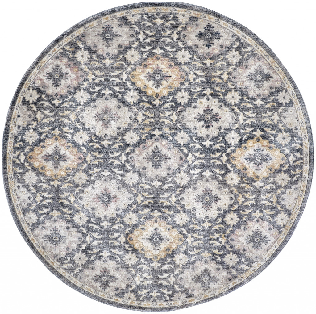 6' Blue And Gold Round Floral Stain Resistant Area Rug-514113-1