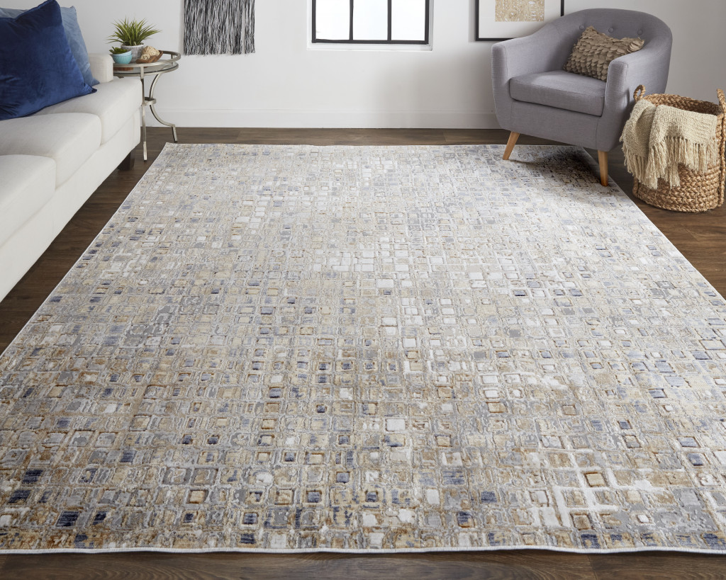 5" X 8" Tan Ivory And Blue Geometric Power Loom Distressed Area Rug