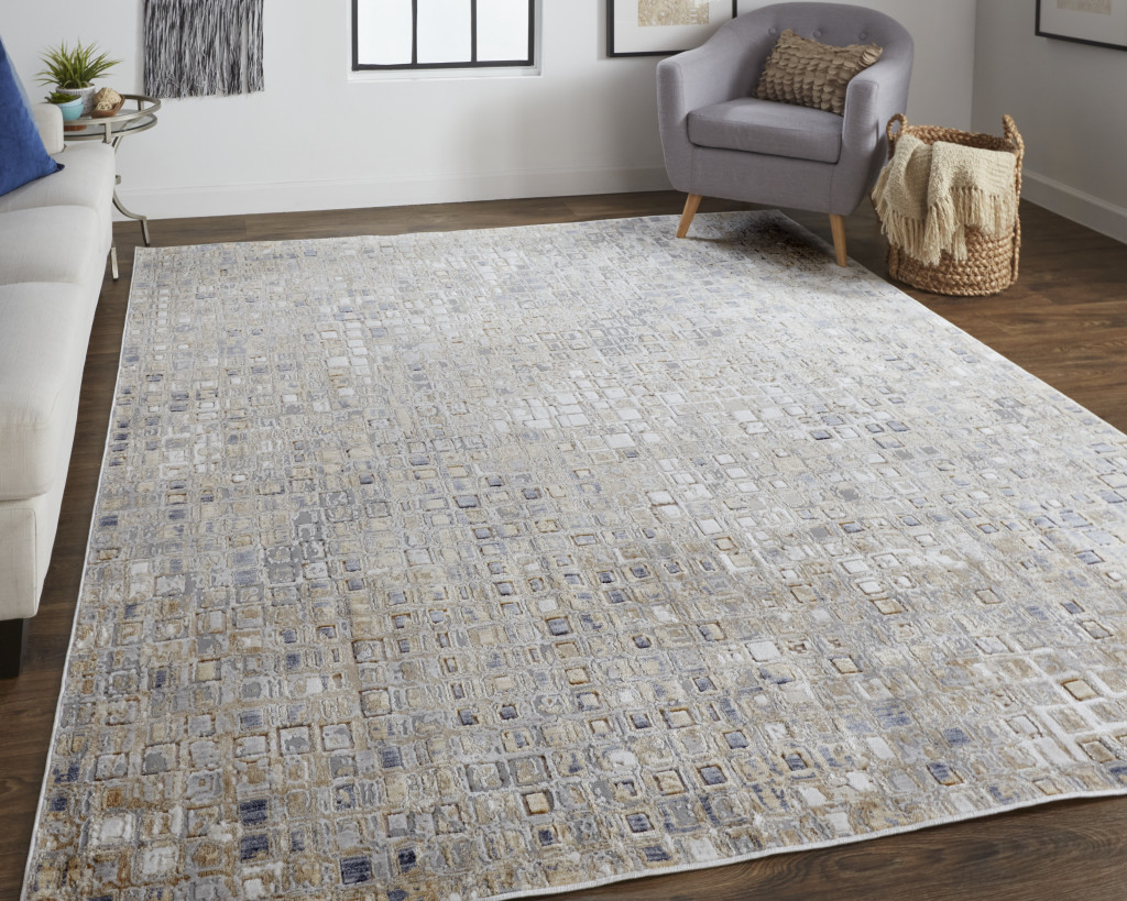 5" X 8" Tan Ivory And Blue Geometric Power Loom Distressed Area Rug