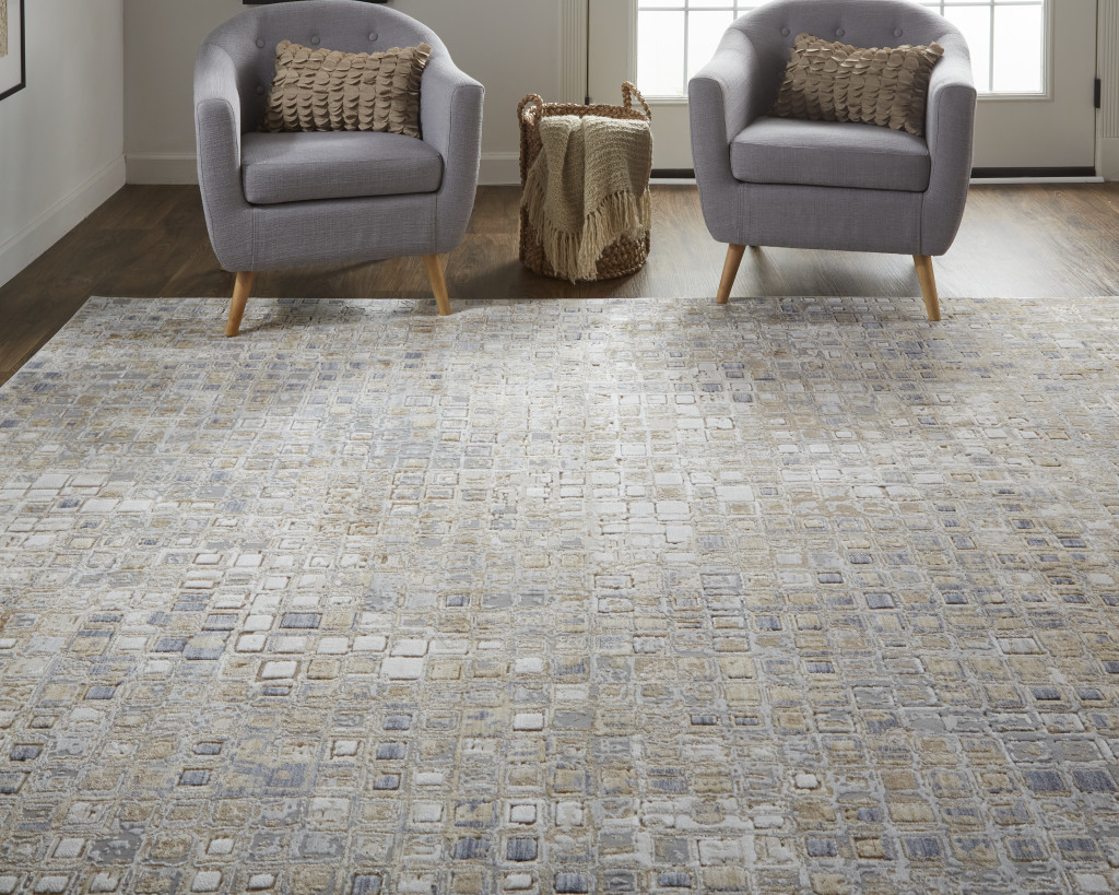 5" X 8" Tan Ivory And Blue Geometric Power Loom Distressed Area Rug