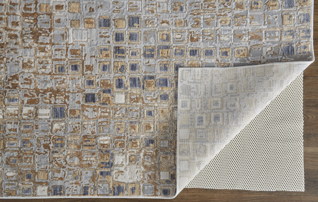 5" X 8" Tan Ivory And Blue Geometric Power Loom Distressed Area Rug