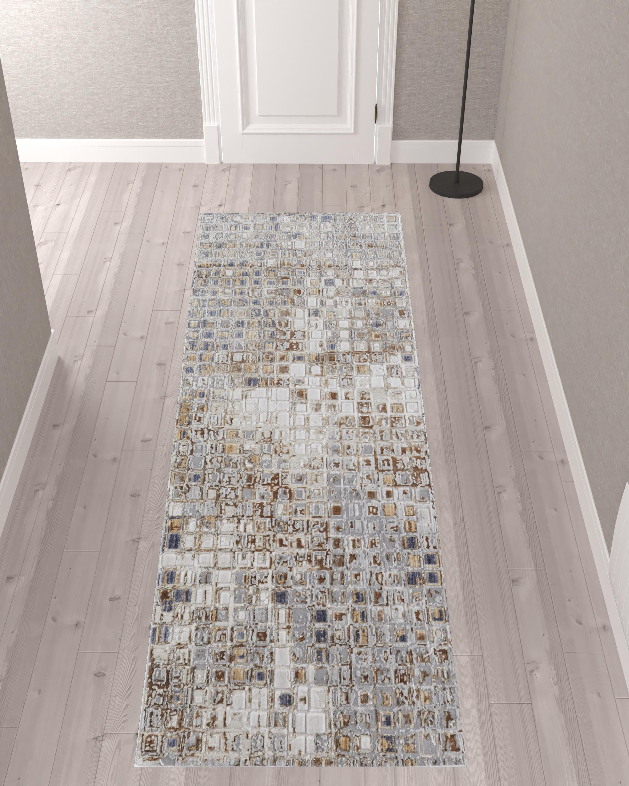 10" Tan Ivory And Blue Geometric Power Loom Distressed Runner Rug