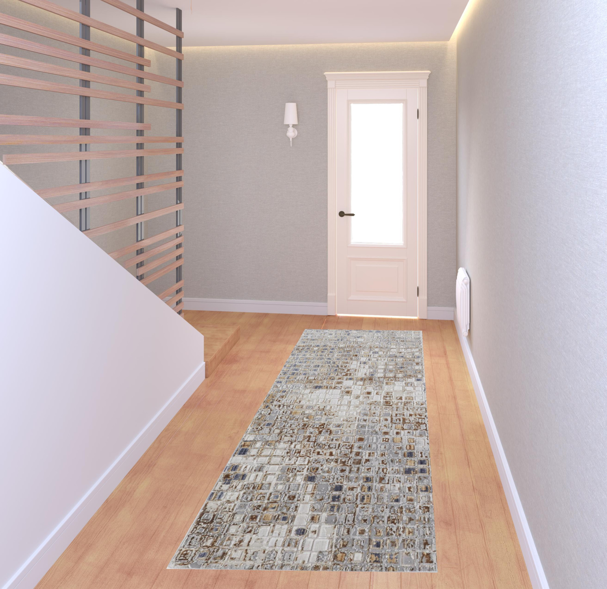 8" Tan Ivory And Blue Geometric Power Loom Distressed Runner Rug