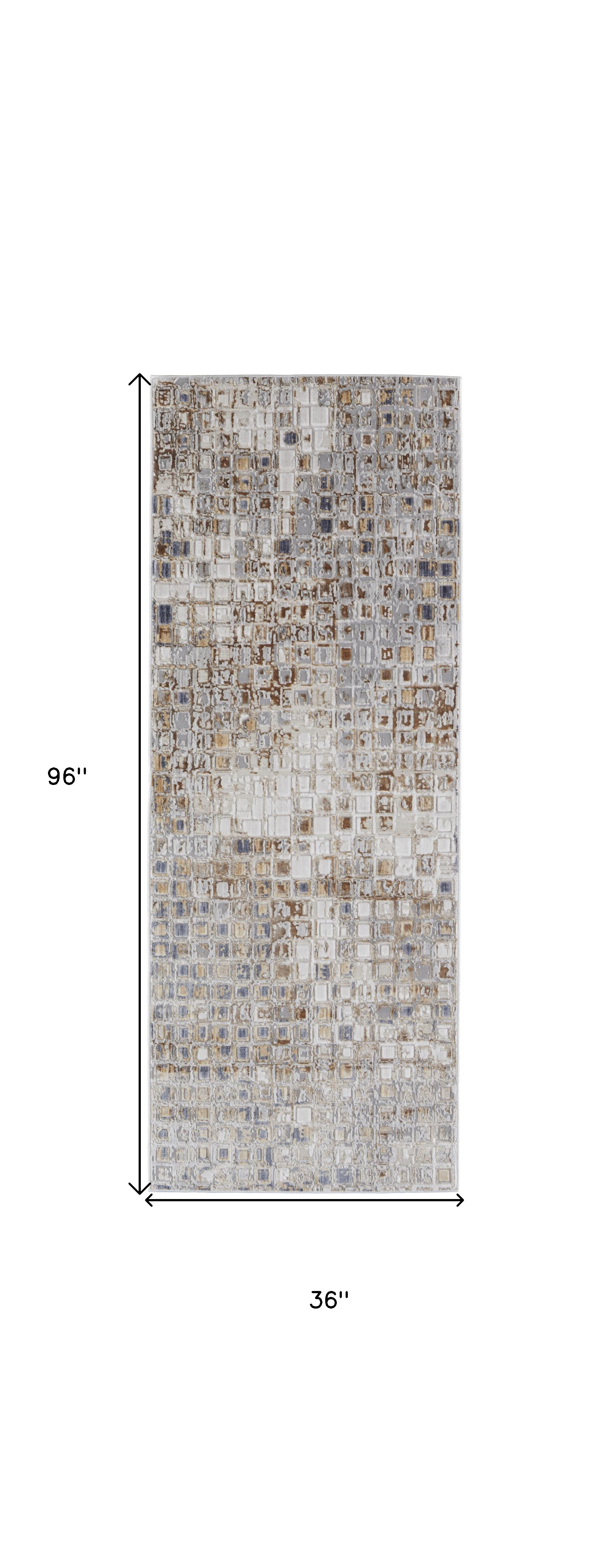 8" Tan Ivory And Blue Geometric Power Loom Distressed Runner Rug