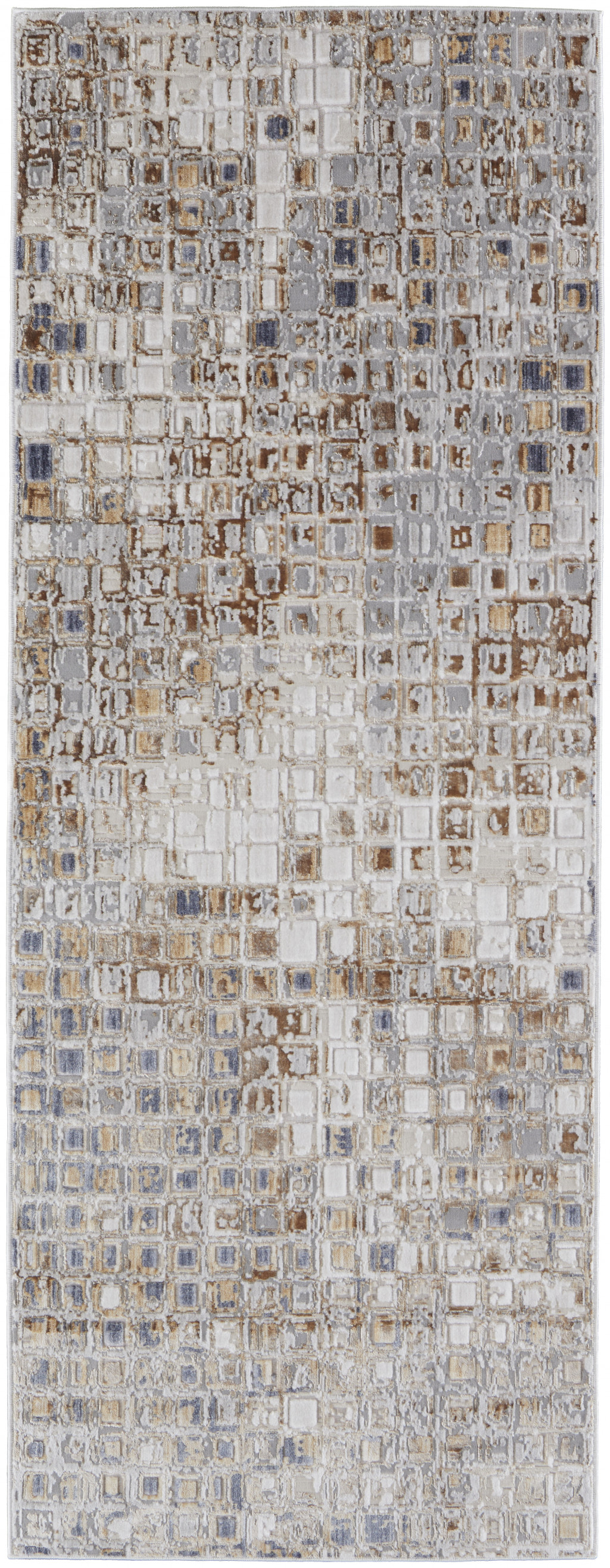 12" Tan Ivory And Blue Geometric Power Loom Distressed Runner Rug
