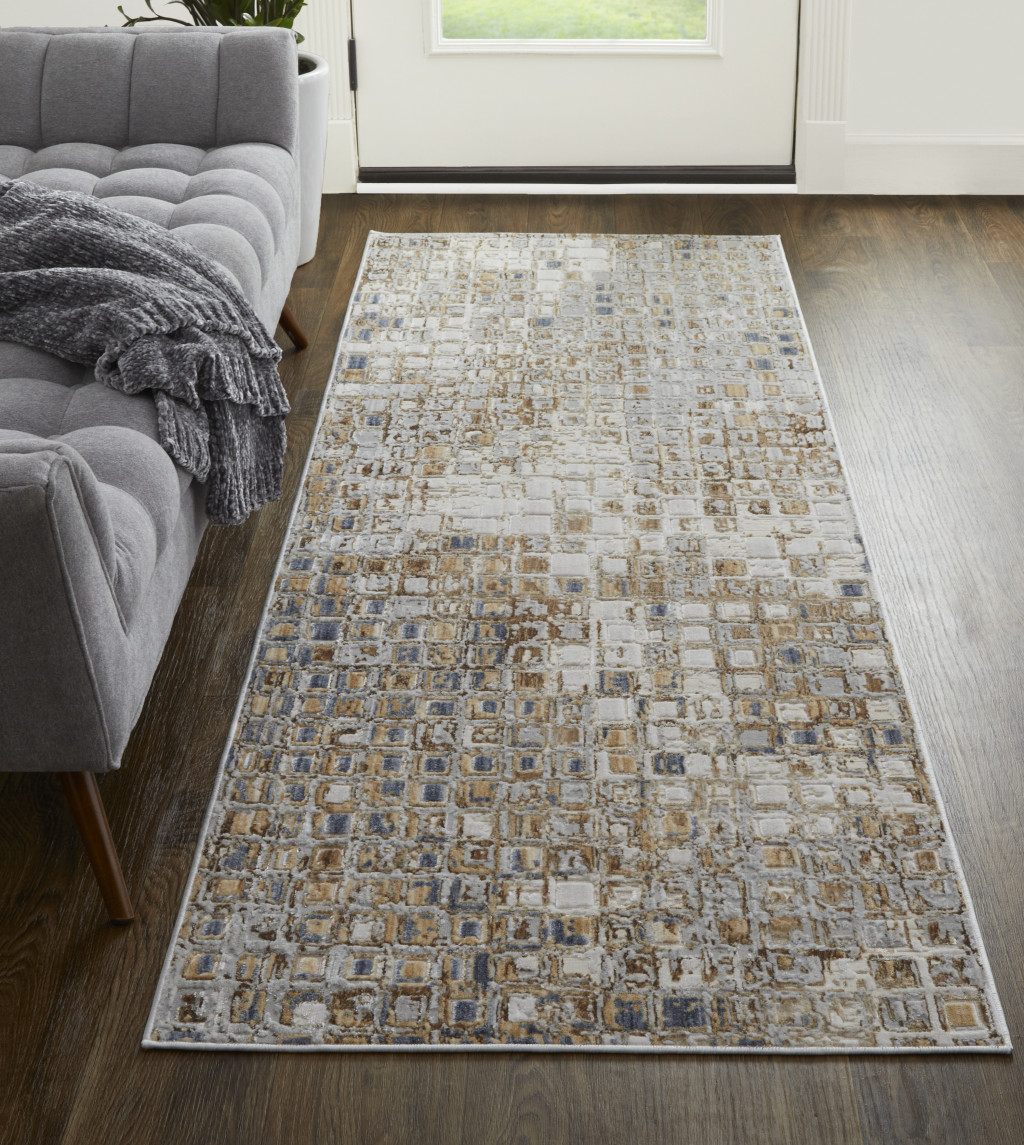 12" Tan Ivory And Blue Geometric Power Loom Distressed Runner Rug