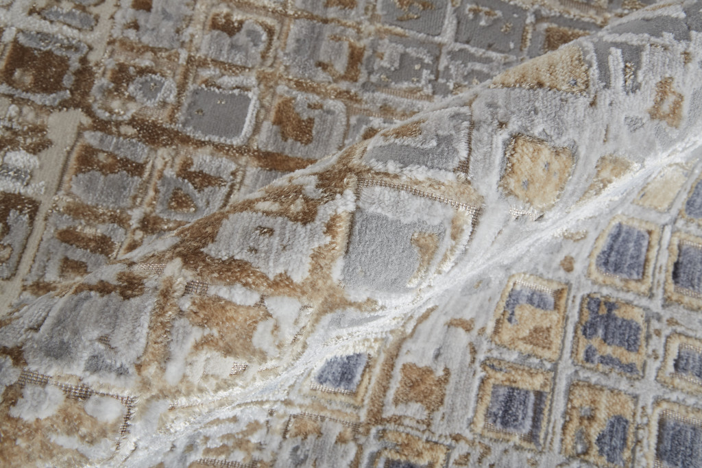12" Tan Ivory And Blue Geometric Power Loom Distressed Runner Rug