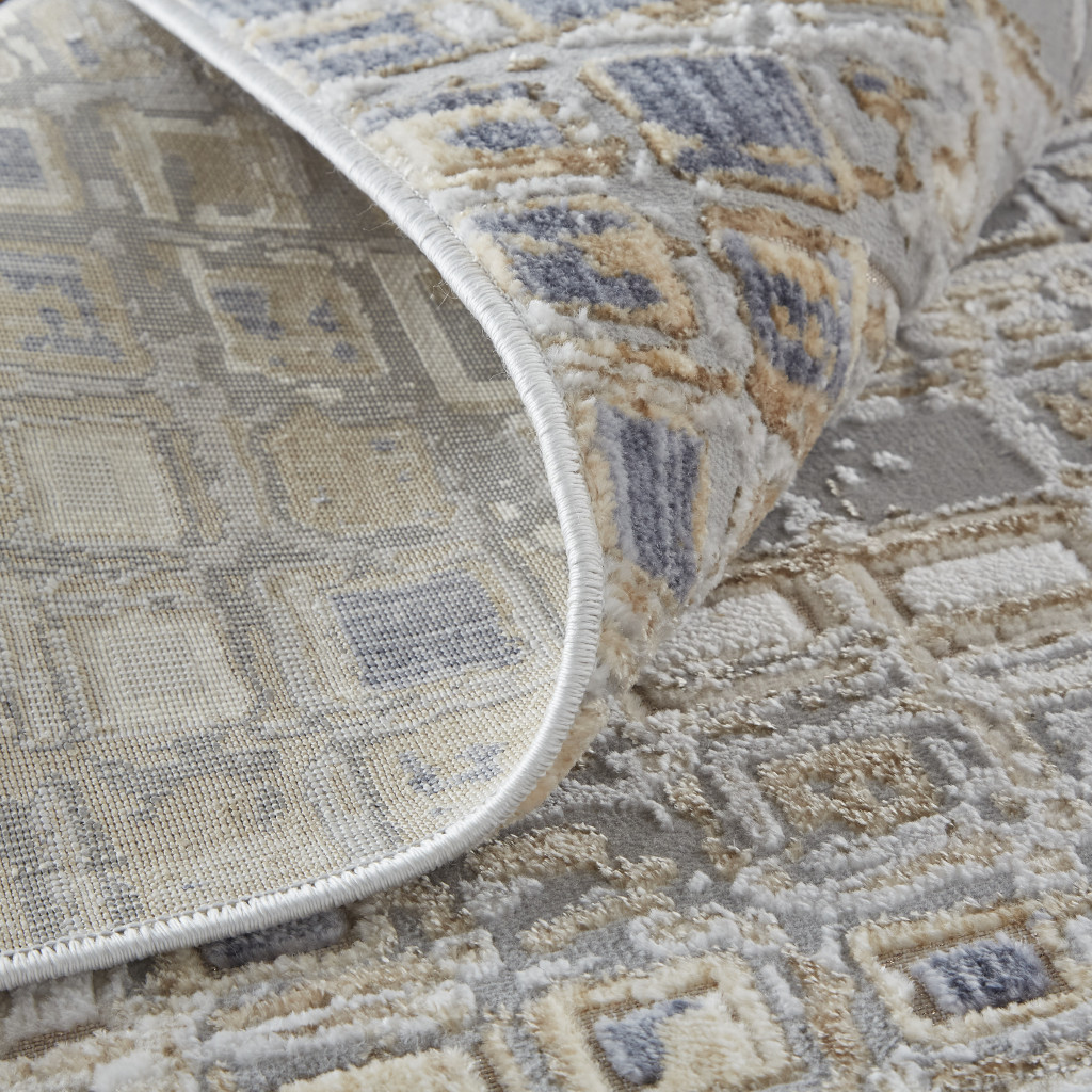 12" Tan Ivory And Blue Geometric Power Loom Distressed Runner Rug