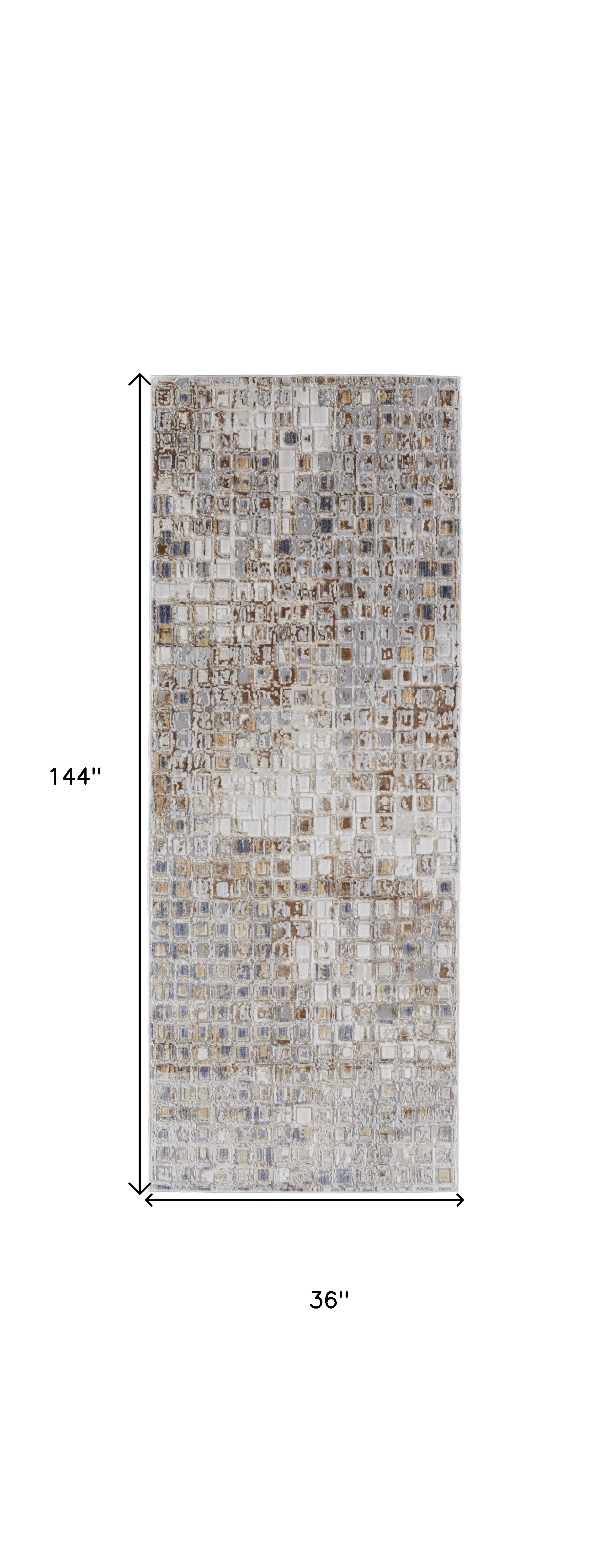 12" Tan Ivory And Blue Geometric Power Loom Distressed Runner Rug