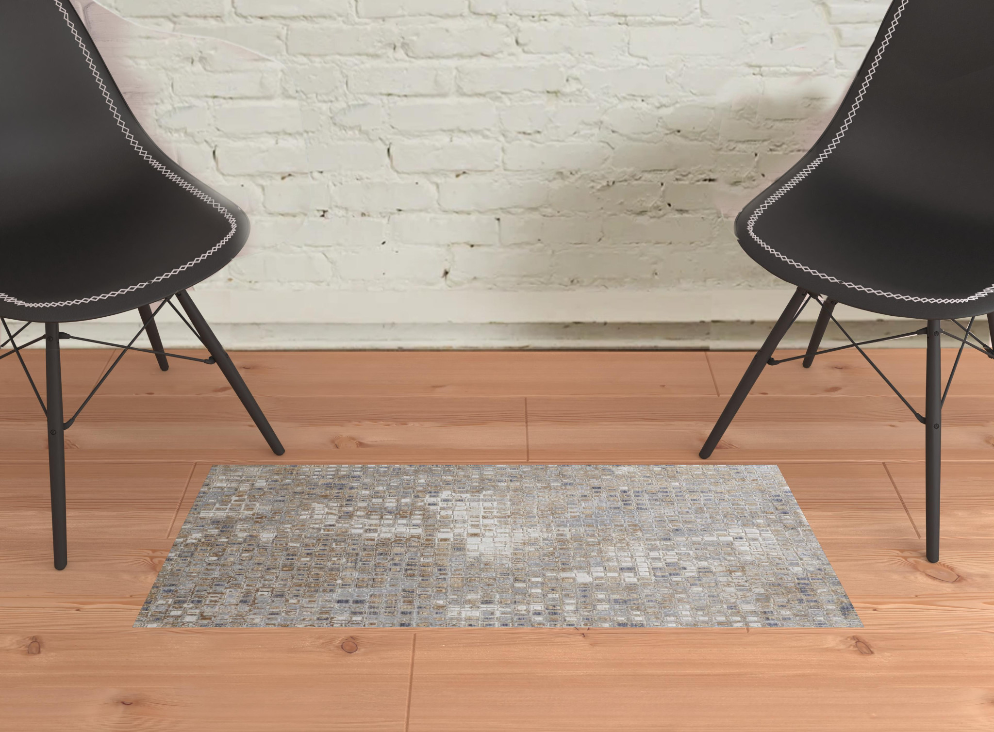 2" X 3" Tan Ivory And Blue Geometric Power Loom Distressed Area Rug
