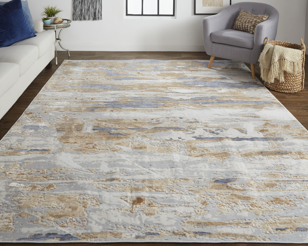 4" X 6" Tan Orange And Ivory Abstract Power Loom Distressed Area Rug