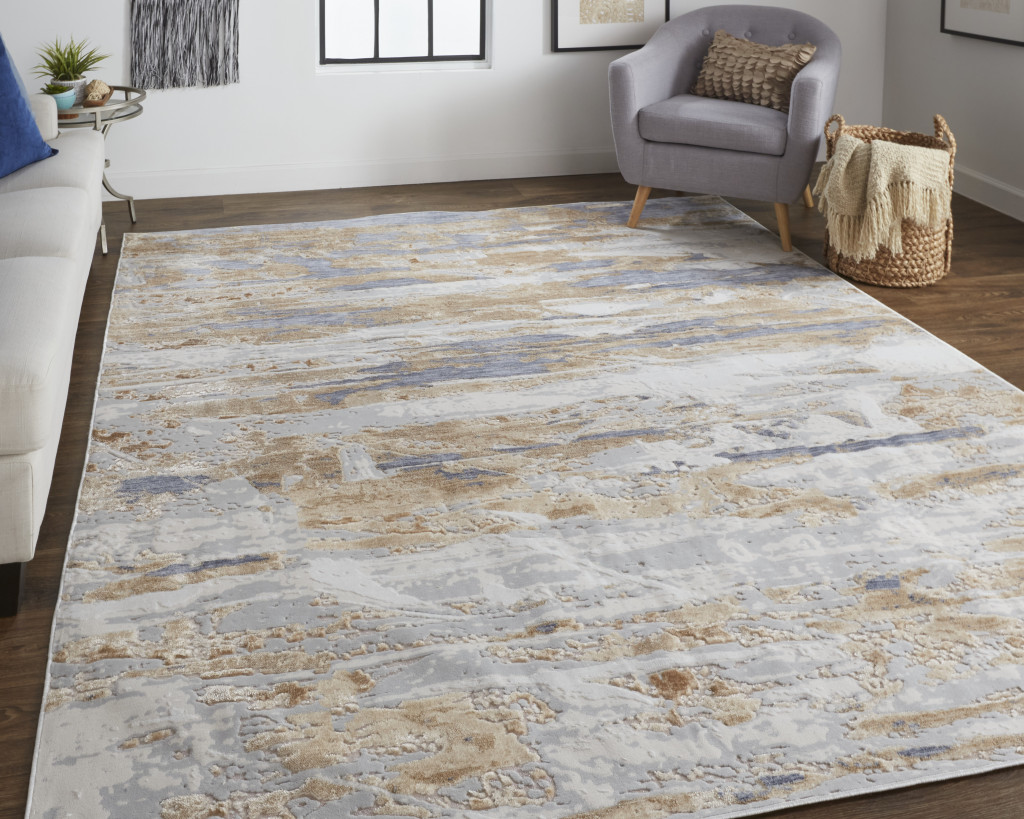 4" X 6" Tan Orange And Ivory Abstract Power Loom Distressed Area Rug