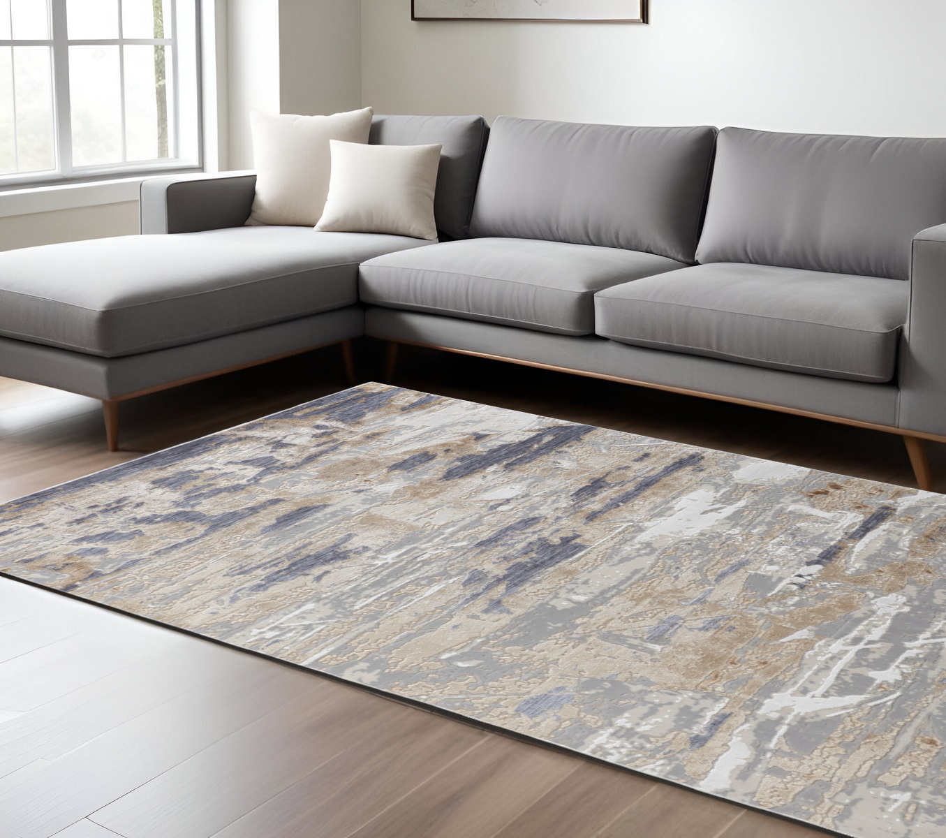 8" X 10" Tan and Ivory Abstract Power Loom Distressed Non Skid Area Rug