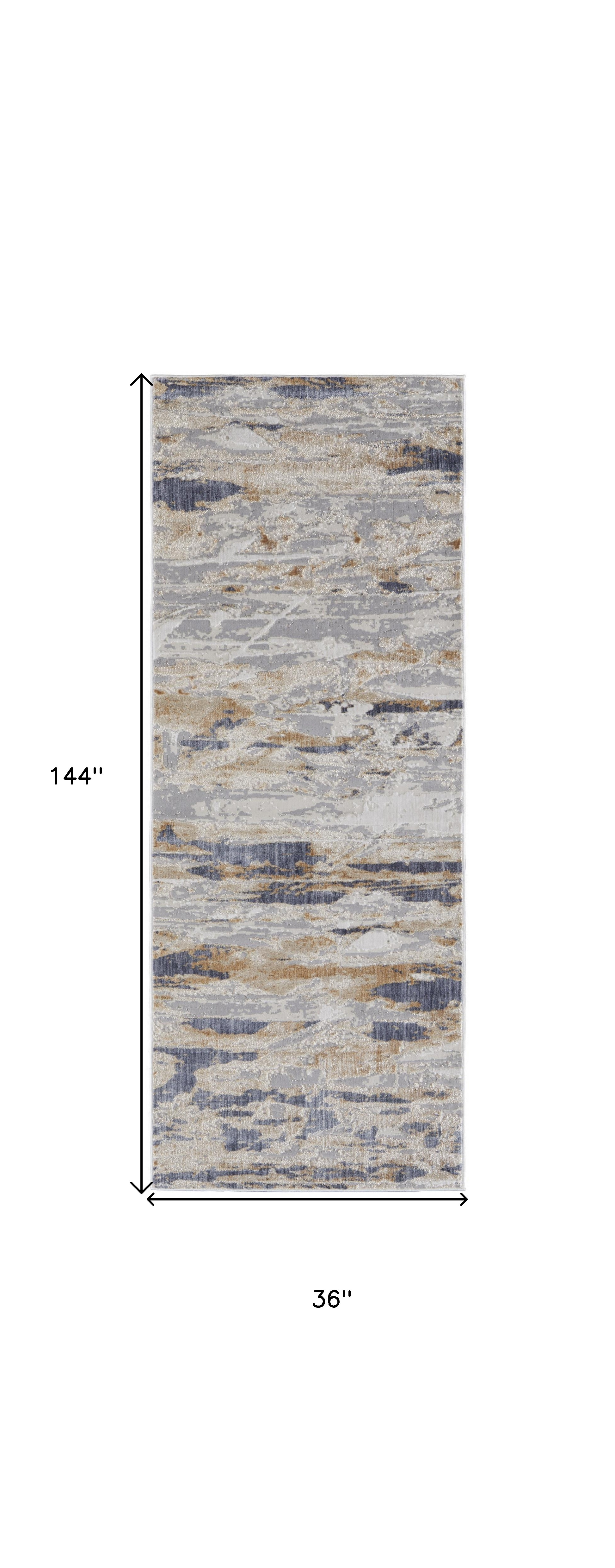 12" Tan Orange And Ivory Abstract Power Loom Distressed Runner Rug