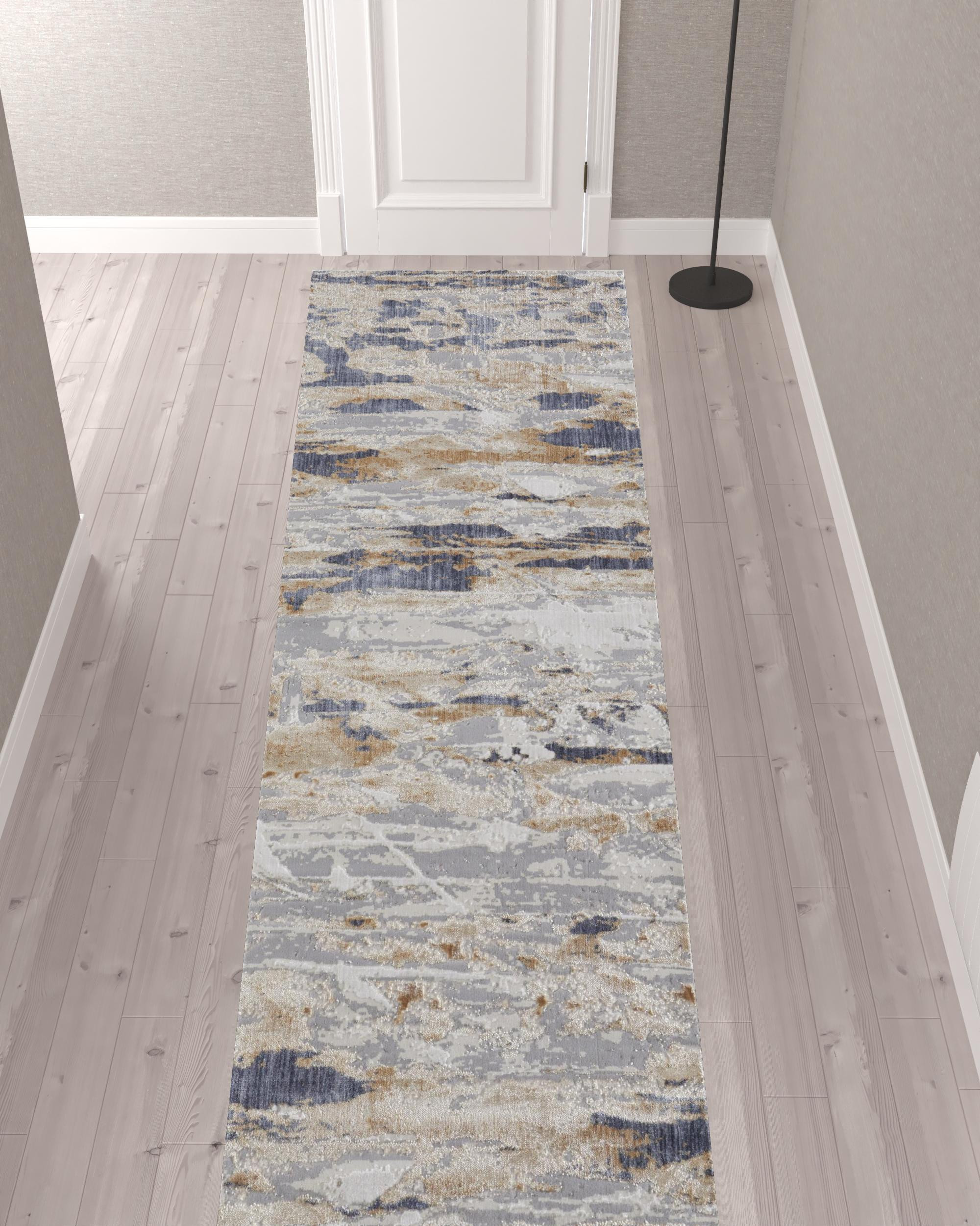 12" Tan Orange And Ivory Abstract Power Loom Distressed Runner Rug