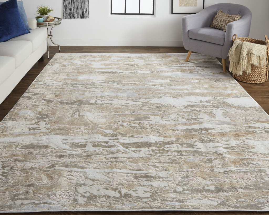 8" X 10" Tan And Ivory Abstract Power Loom Distressed Area Rug