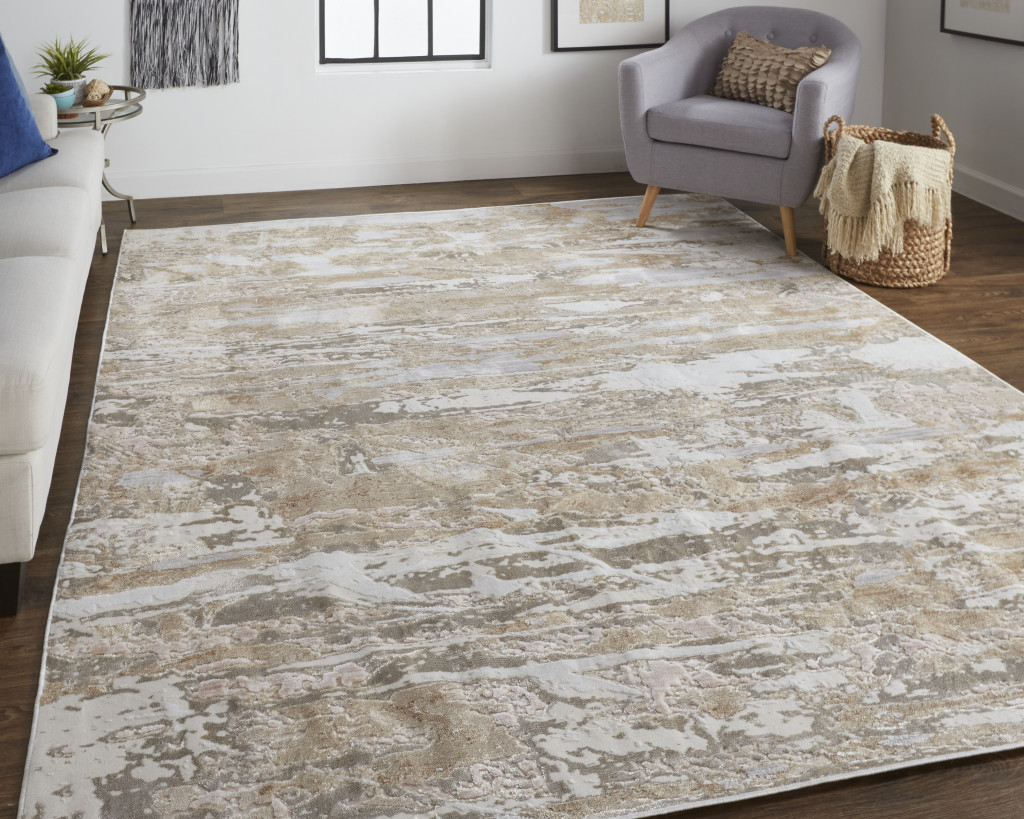 8" X 10" Tan And Ivory Abstract Power Loom Distressed Area Rug
