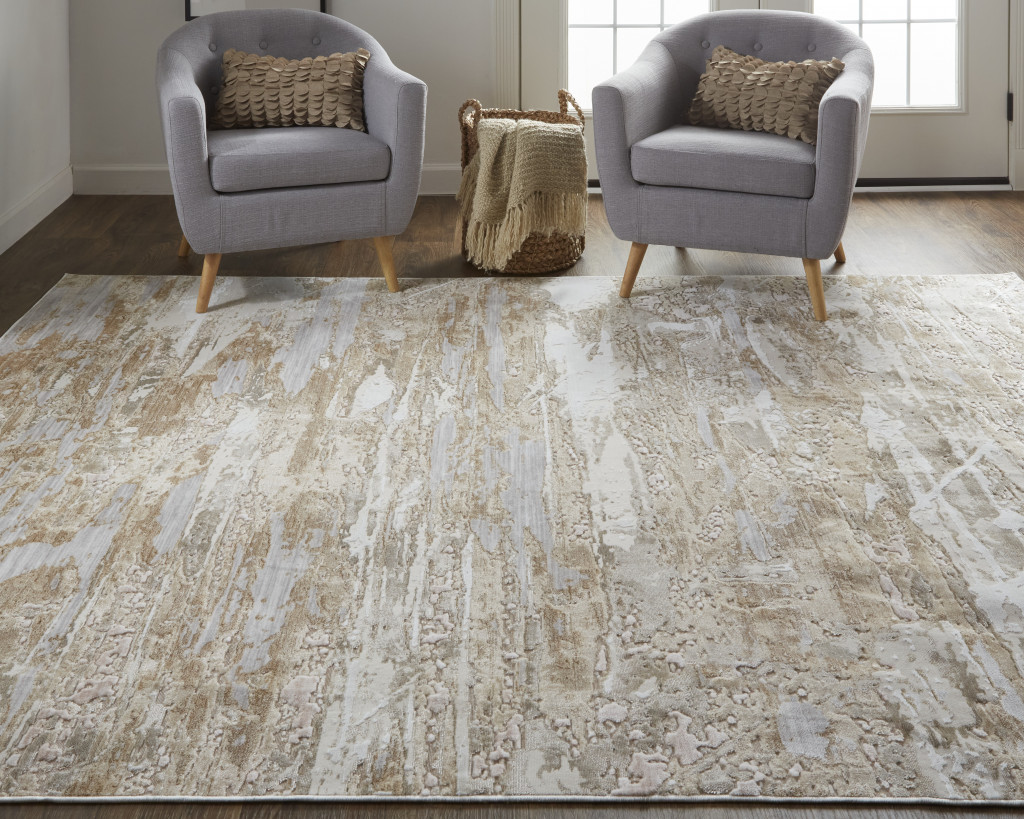 8" X 10" Tan And Ivory Abstract Power Loom Distressed Area Rug
