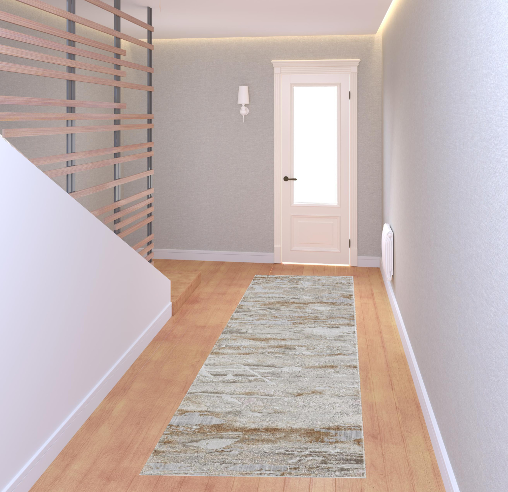 8" Tan And Ivory Abstract Power Loom Distressed Runner Rug