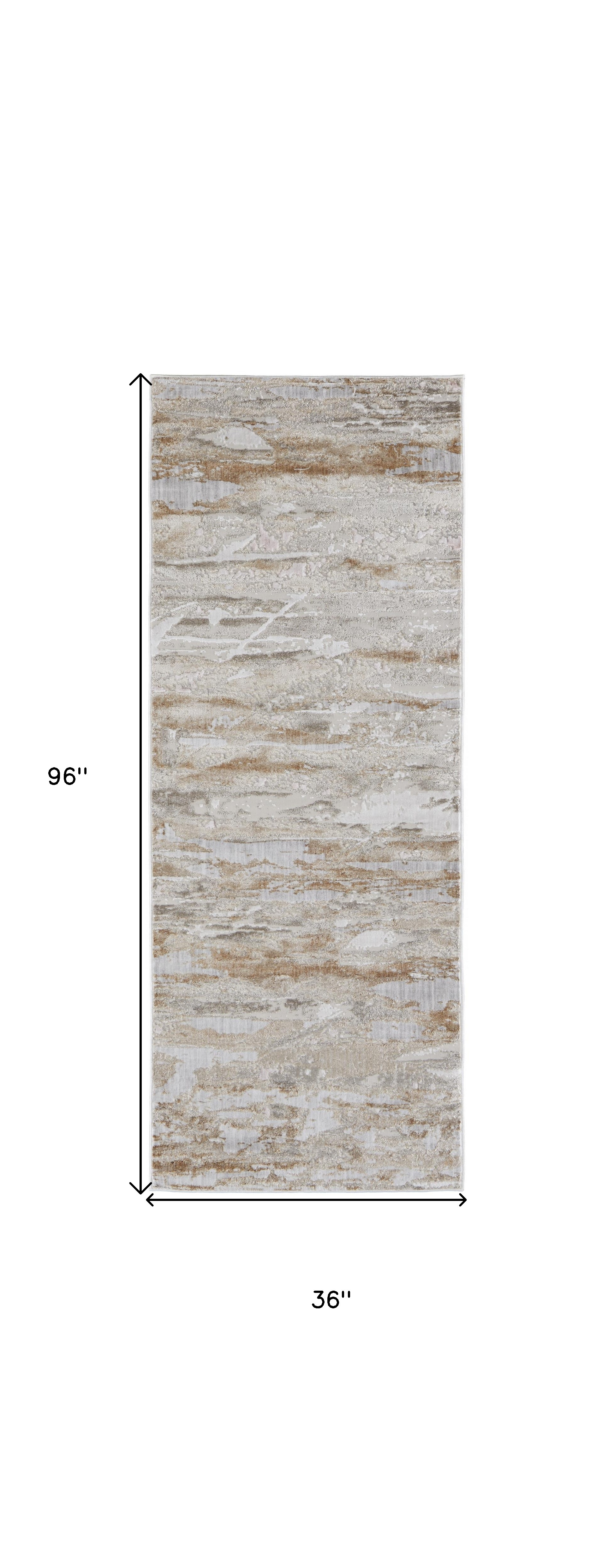 8" Tan And Ivory Abstract Power Loom Distressed Runner Rug