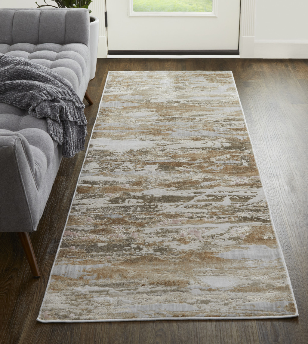 12" Tan And Ivory Abstract Power Loom Distressed Runner Rug