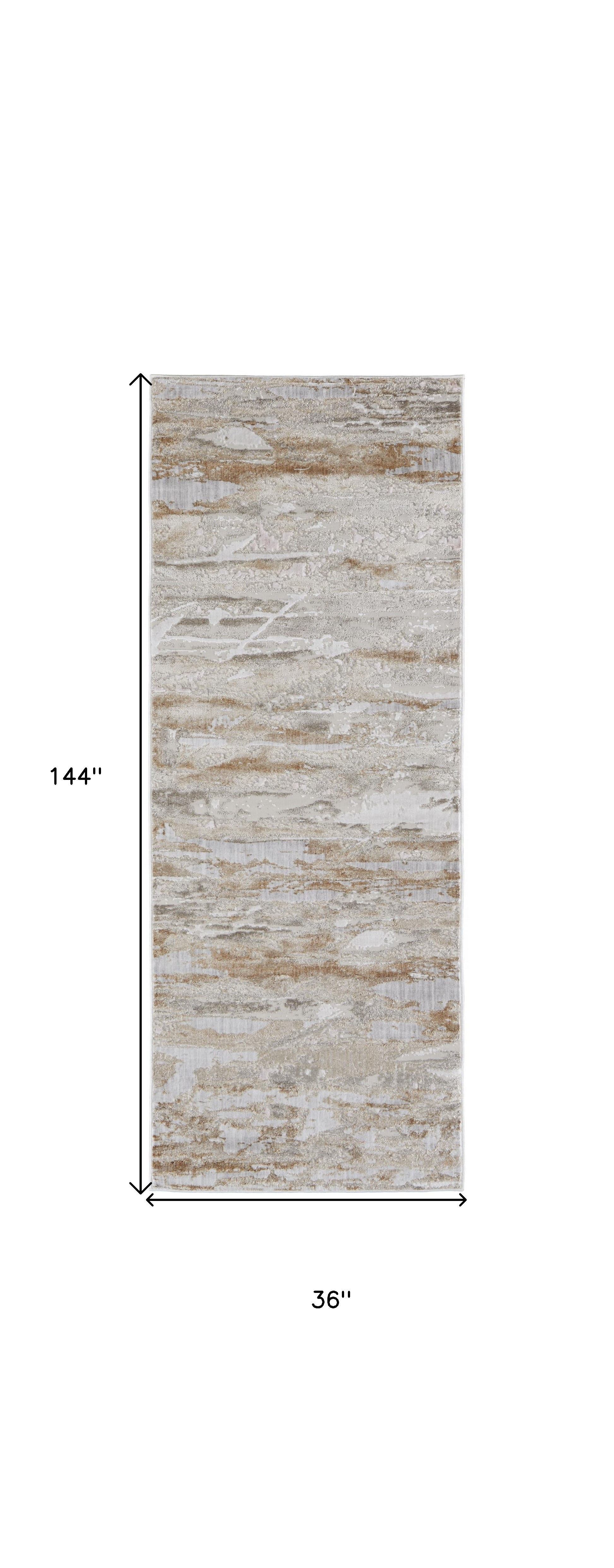 12" Tan And Ivory Abstract Power Loom Distressed Runner Rug