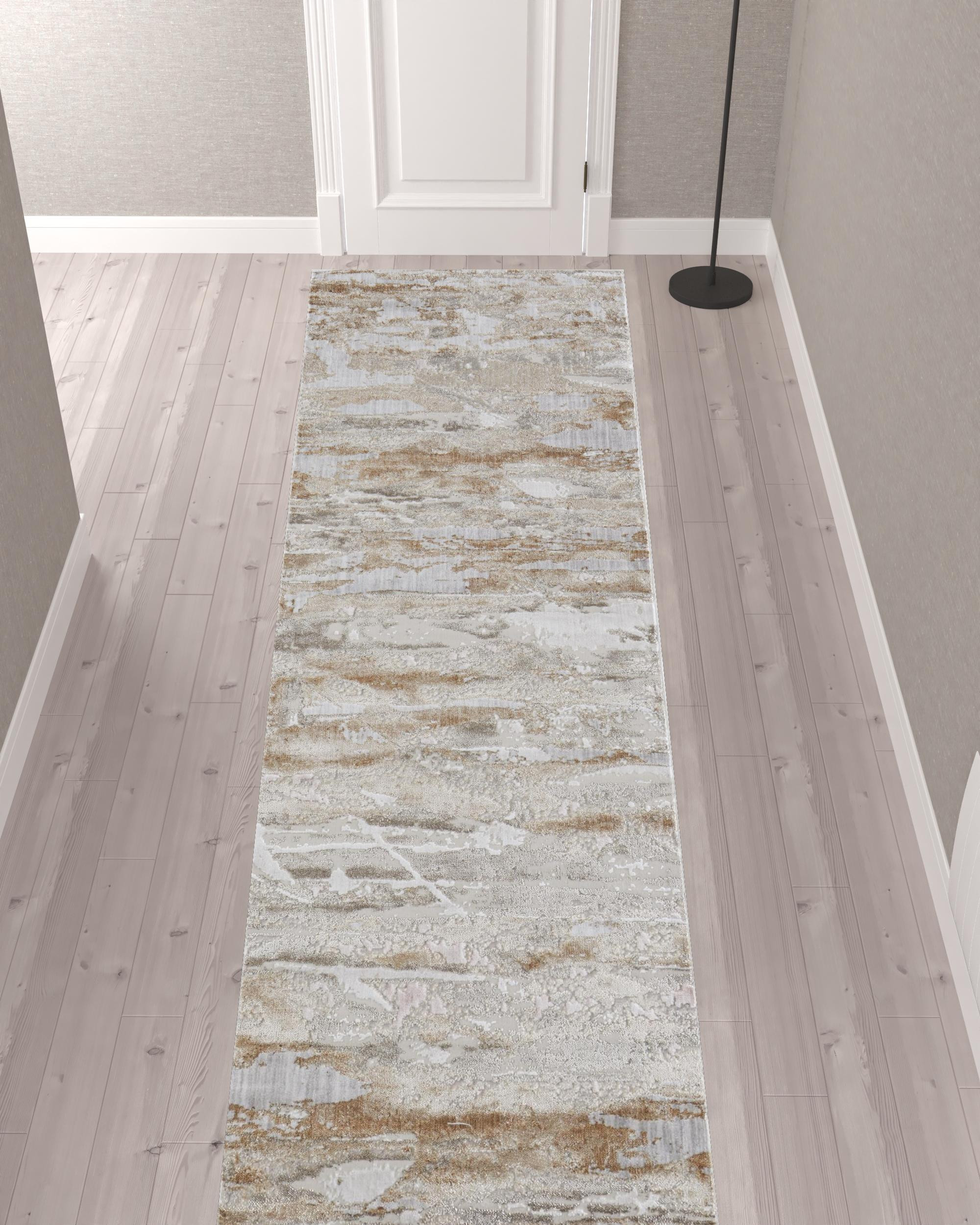 12" Tan And Ivory Abstract Power Loom Distressed Runner Rug