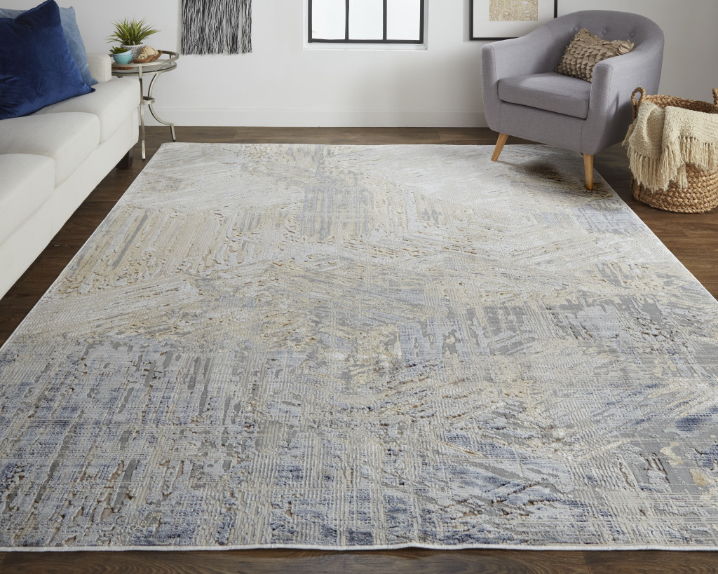 5" X 8" Tan Ivory And Gray Abstract Power Loom Distressed Area Rug