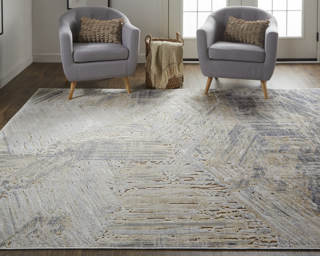 5" X 8" Tan Ivory And Gray Abstract Power Loom Distressed Area Rug