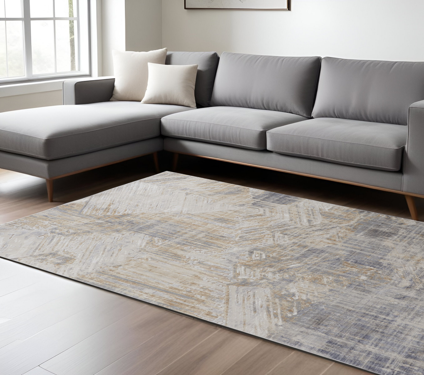 8" X 10" Tan and Ivory Abstract Power Loom Distressed Non Skid Area Rug
