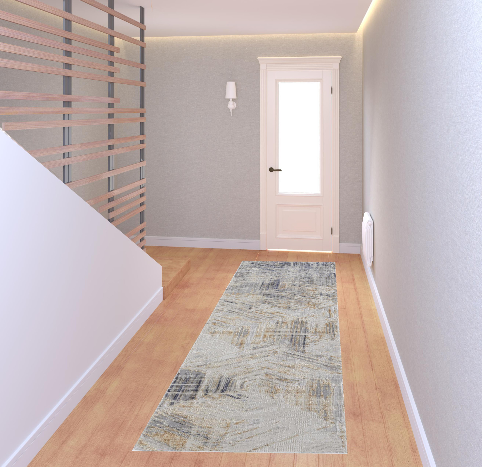 8" Tan Ivory And Gray Abstract Power Loom Distressed Runner Rug