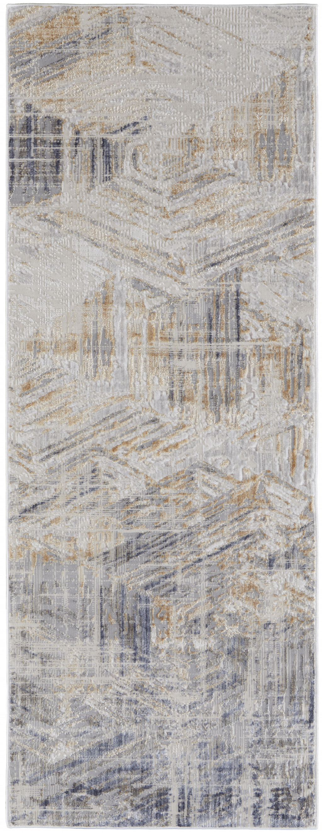 12" Tan Ivory And Gray Abstract Power Loom Distressed Runner Rug