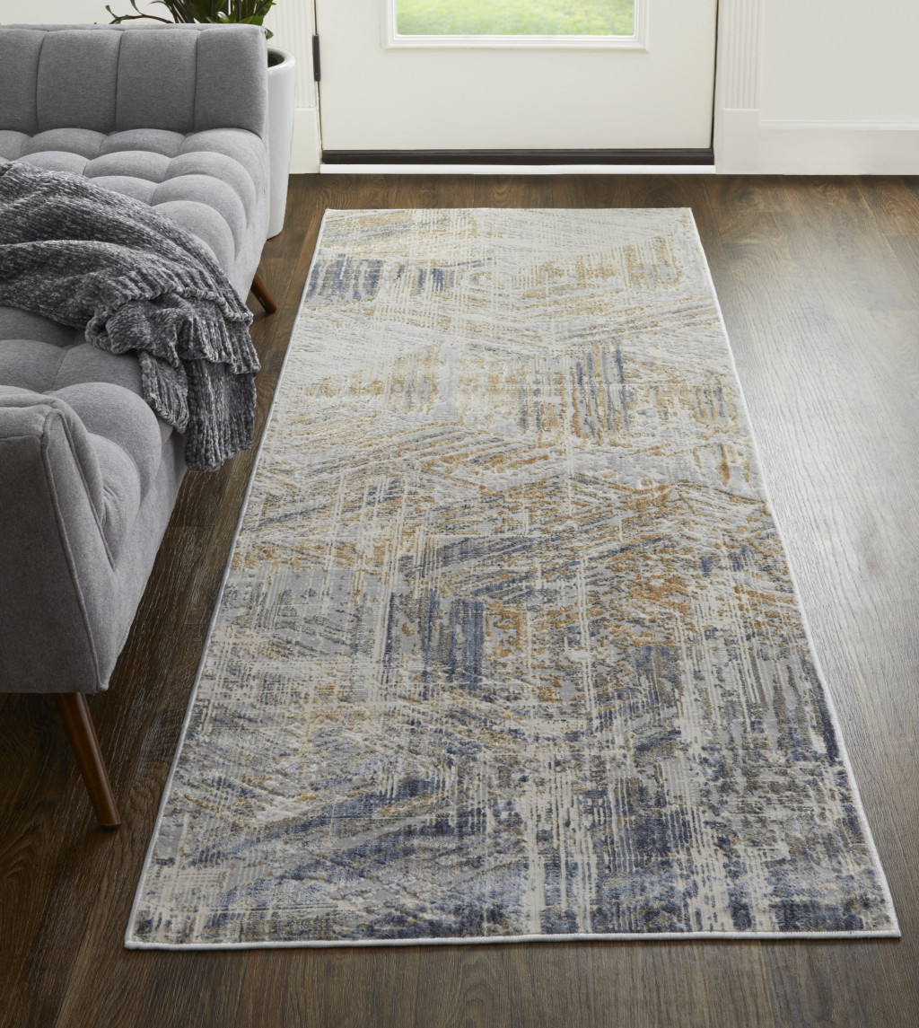 12" Tan Ivory And Gray Abstract Power Loom Distressed Runner Rug
