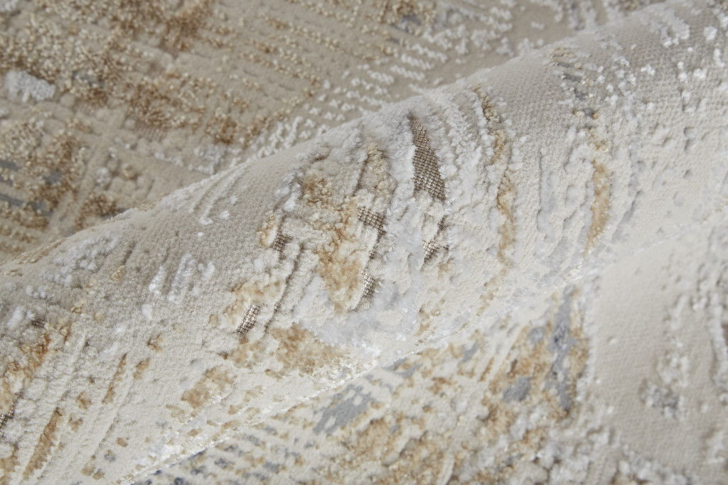 12" Tan Ivory And Gray Abstract Power Loom Distressed Runner Rug