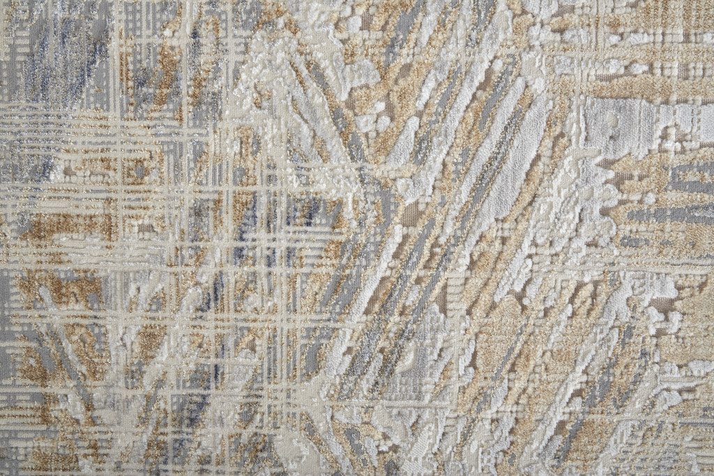 12" Tan Ivory And Gray Abstract Power Loom Distressed Runner Rug