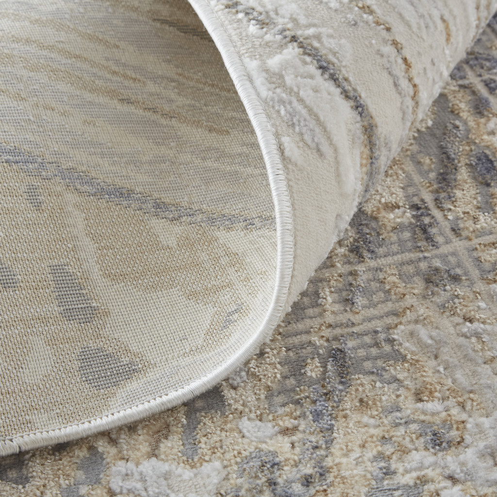 12" Tan Ivory And Gray Abstract Power Loom Distressed Runner Rug