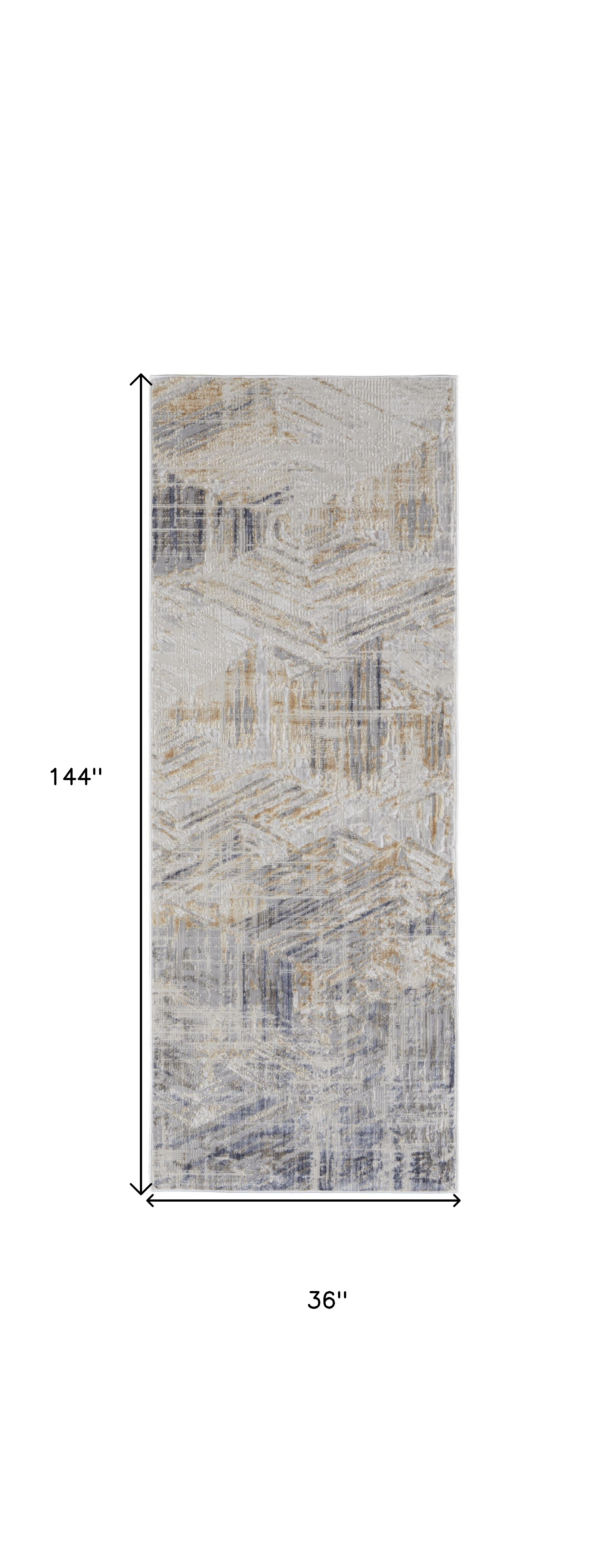12" Tan Ivory And Gray Abstract Power Loom Distressed Runner Rug