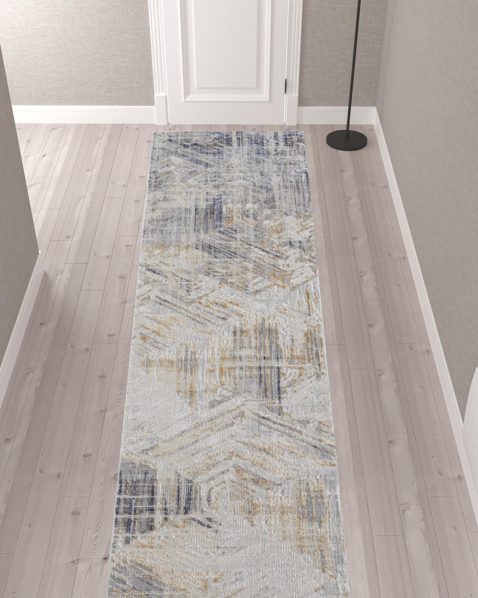12" Tan Ivory And Gray Abstract Power Loom Distressed Runner Rug