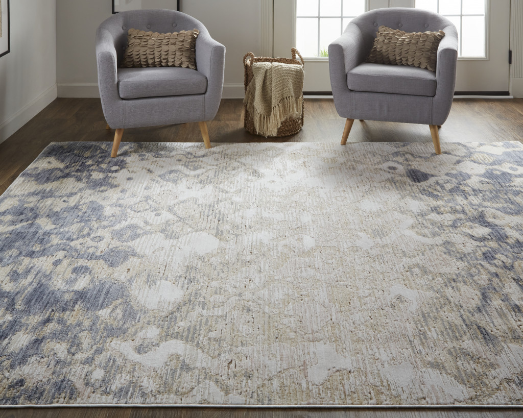 4" X 6" Tan Ivory And Blue Abstract Power Loom Distressed Area Rug