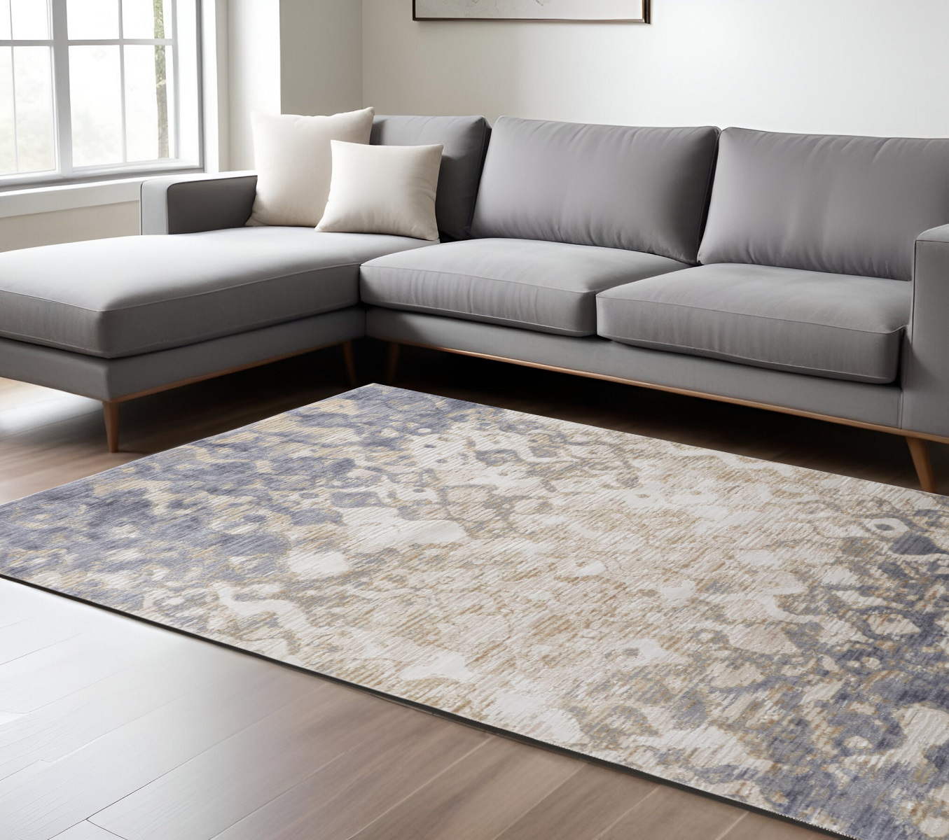 8" X 10" Tan and Ivory Abstract Power Loom Distressed Non Skid Area Rug