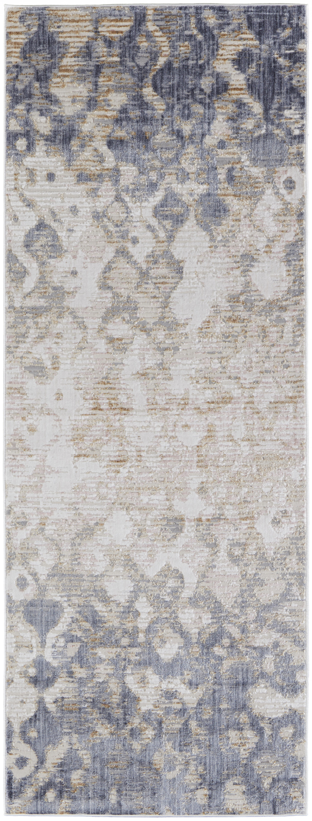 10' Tan Ivory And Blue Abstract Power Loom Distressed Runner Rug-514162-1