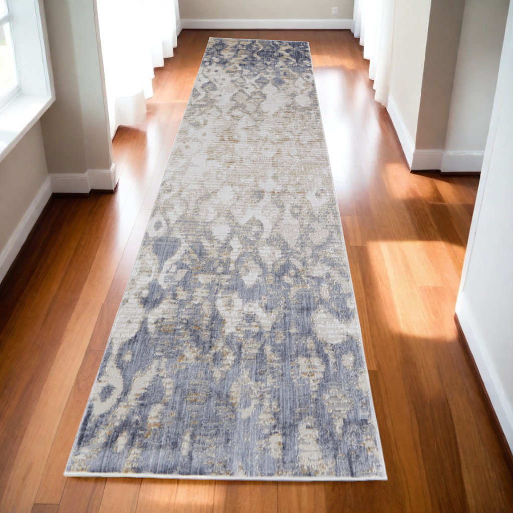 10" Tan and Ivory Abstract Power Loom Distressed Non Skid Runner Rug
