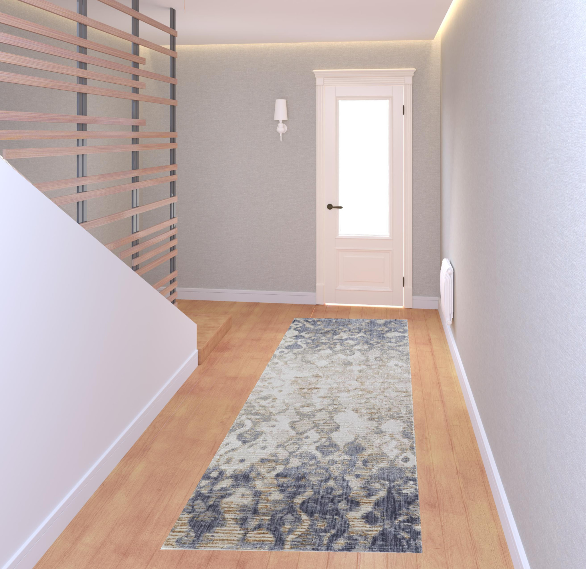 8" Tan Ivory And Blue Abstract Power Loom Distressed Runner Rug