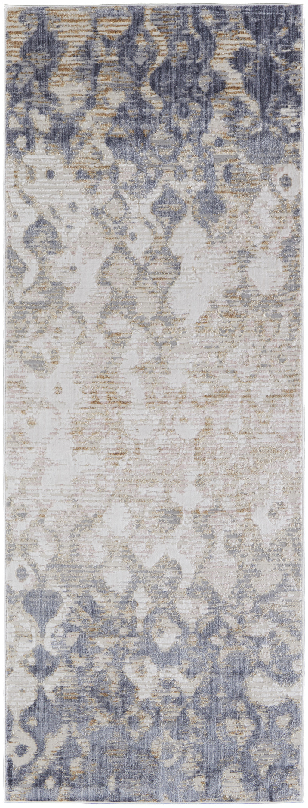 12" Tan Ivory And Blue Abstract Power Loom Distressed Runner Rug