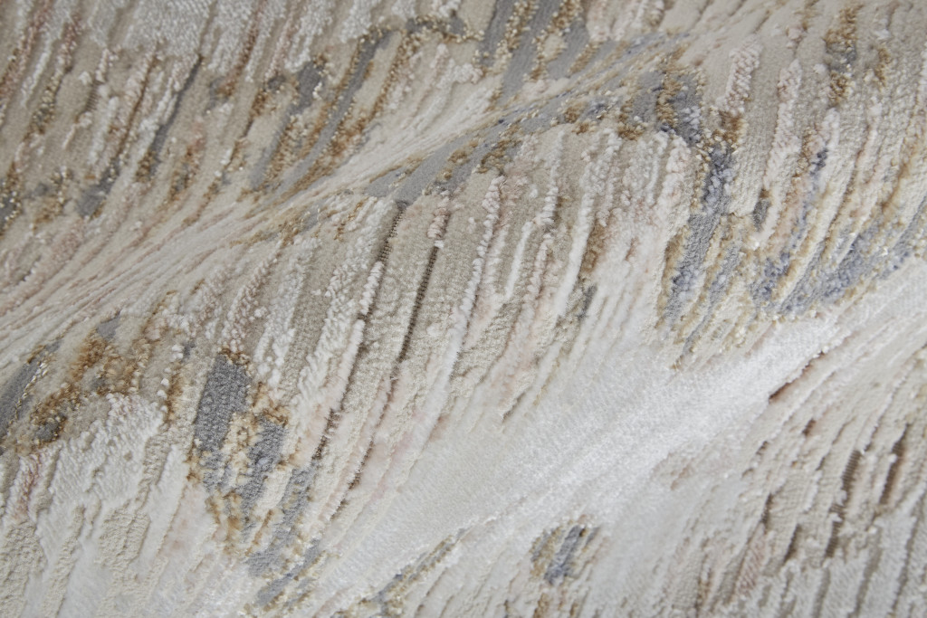 12" Tan Ivory And Blue Abstract Power Loom Distressed Runner Rug