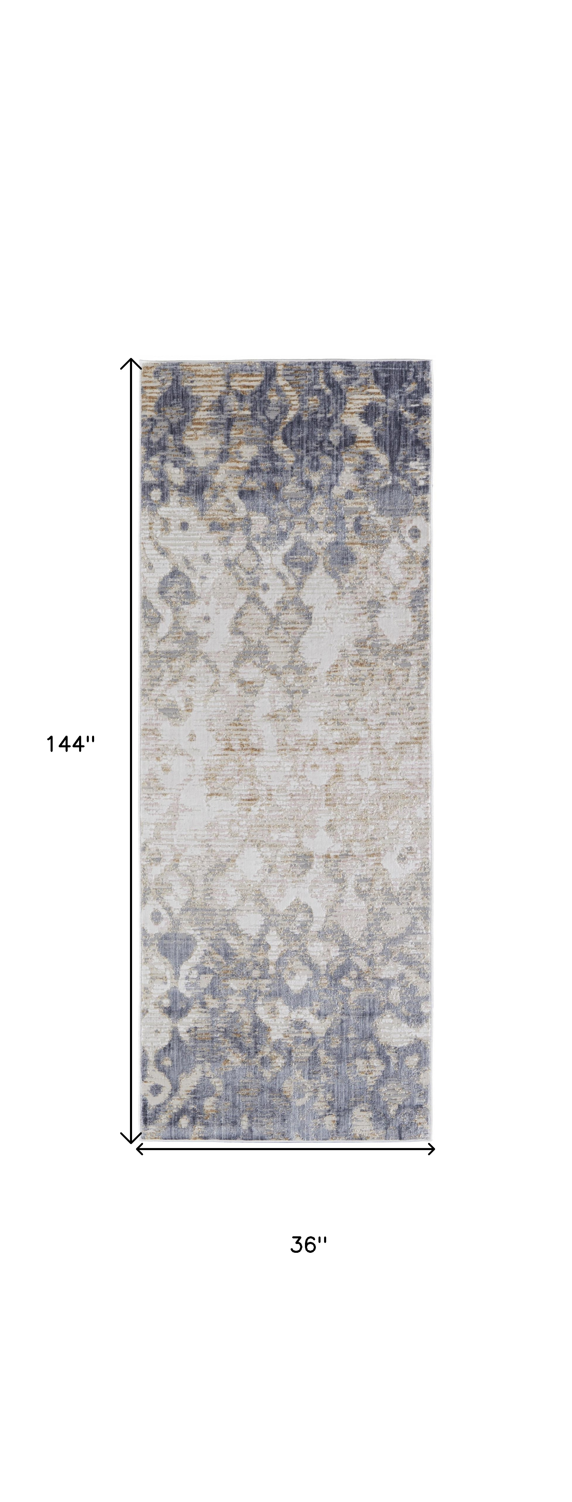 12" Tan Ivory And Blue Abstract Power Loom Distressed Runner Rug