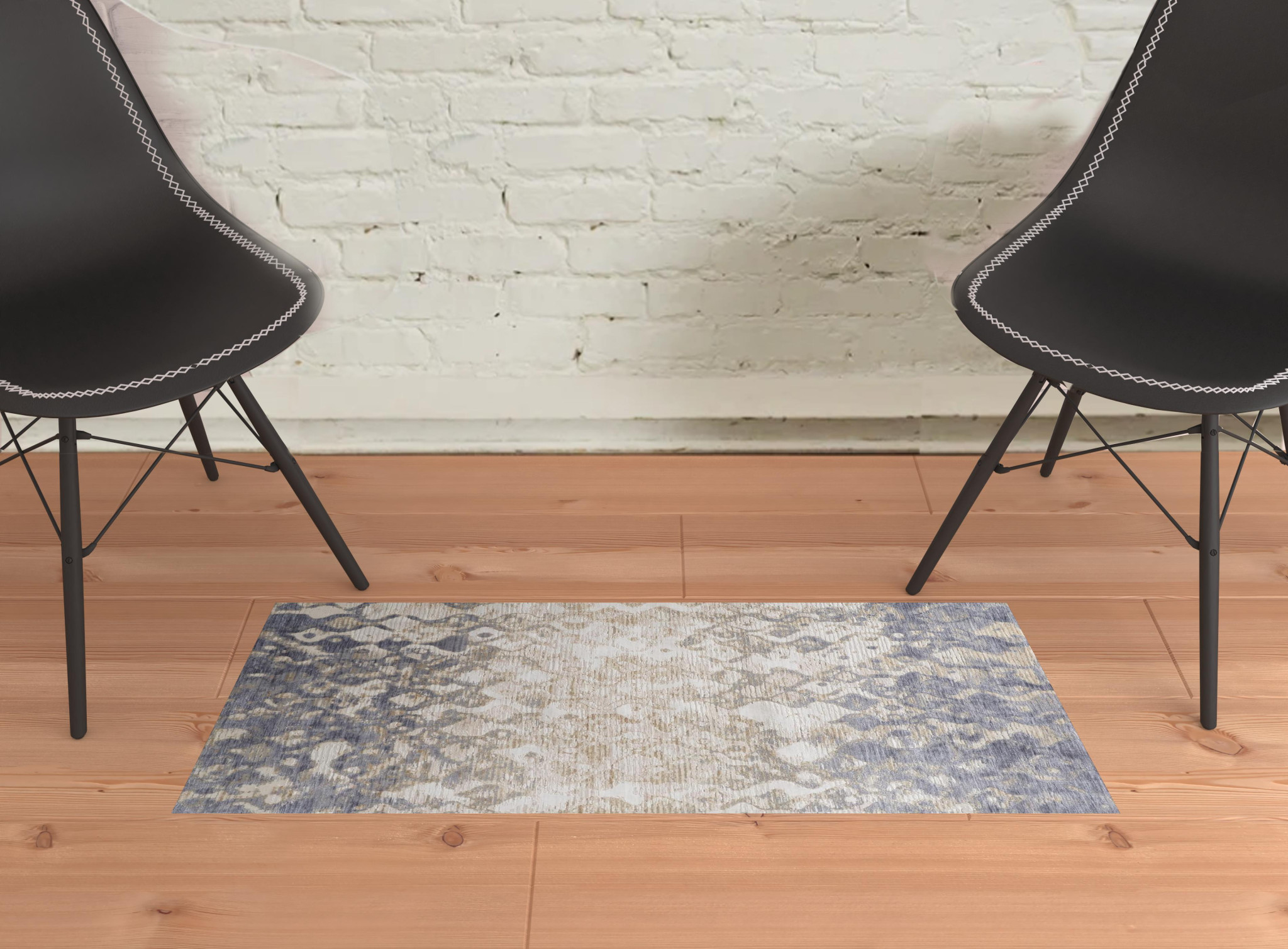 2" X 3" Tan Ivory And Blue Abstract Power Loom Distressed Area Rug