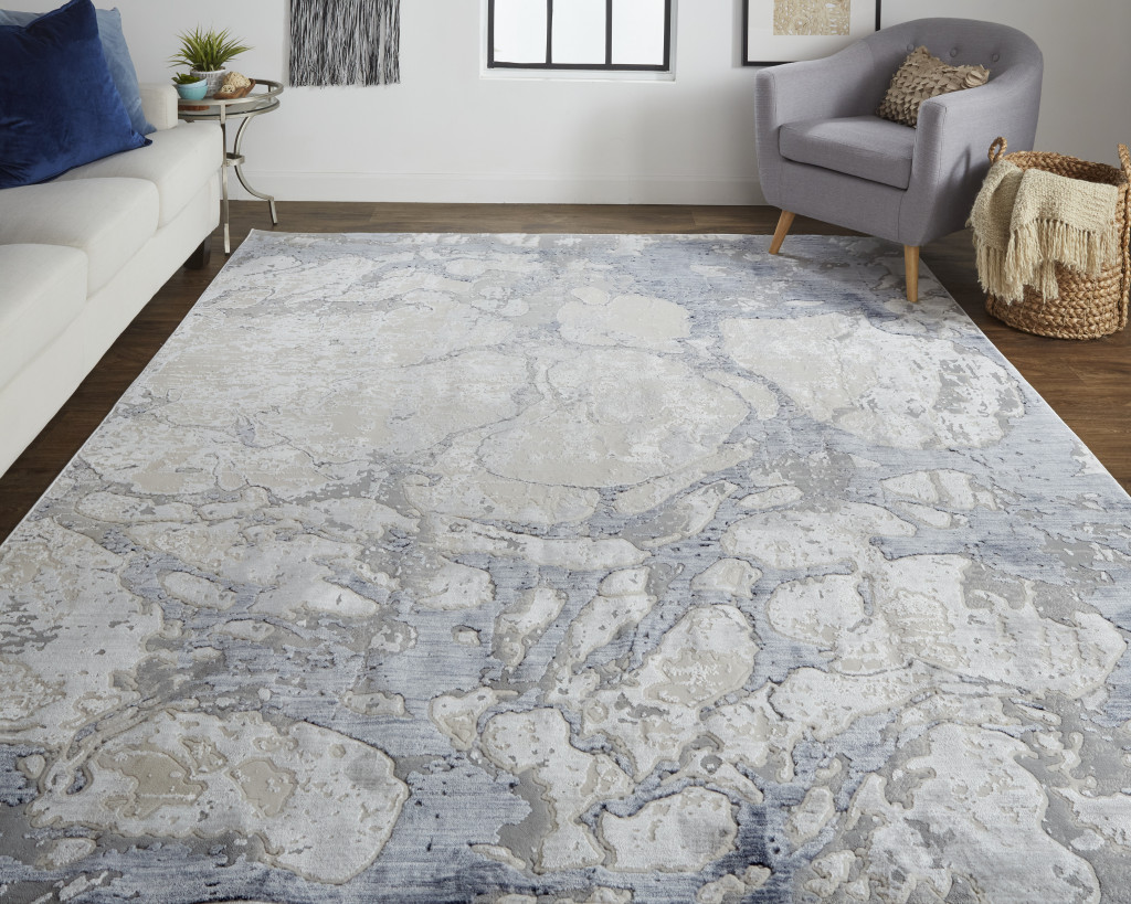 5" X 8" Ivory And Blue Abstract Power Loom Distressed Area Rug