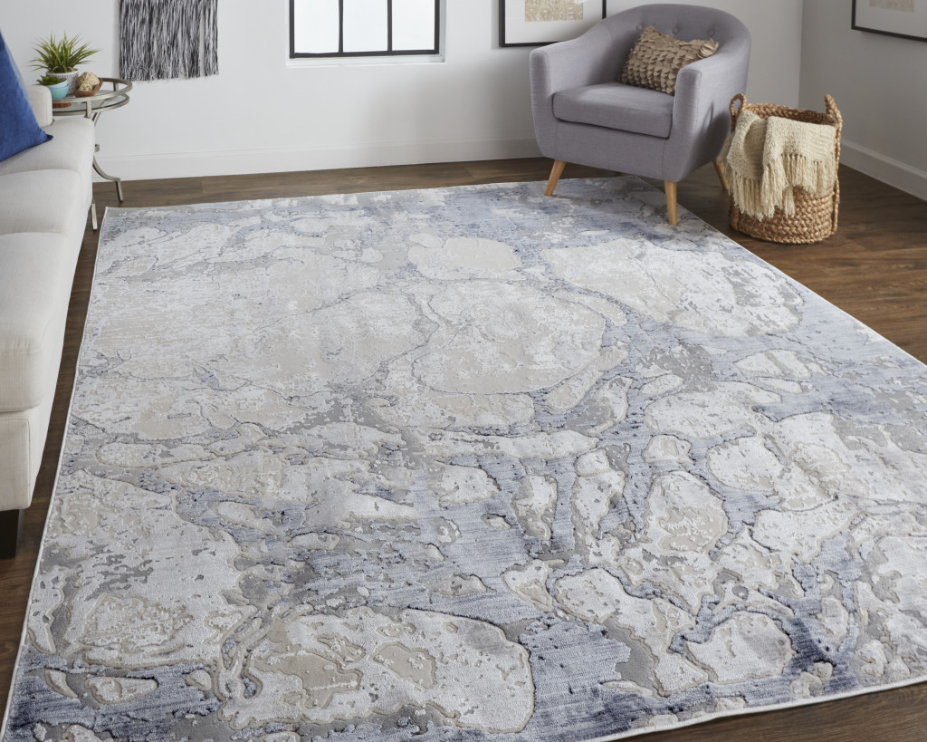 5" X 8" Ivory And Blue Abstract Power Loom Distressed Area Rug