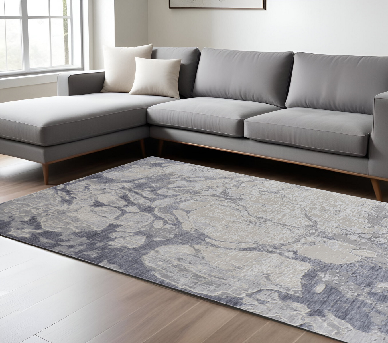 8" X 10" Ivory and Blue Abstract Power Loom Distressed Non Skid Area Rug